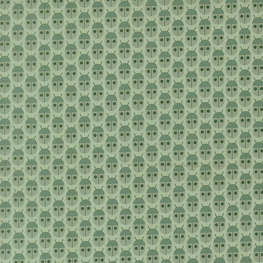 Moda's green bugs allover cotton quilting fabric, Popcorn by Elizabeth Hartman. Features small sage green beetles with dark charcoal eyes on mist green.
