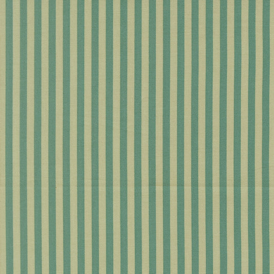 Mist green and pale beige vertical stripes on Moda's Popcorn by Elizabeth Hartman cotton quilting fabric.