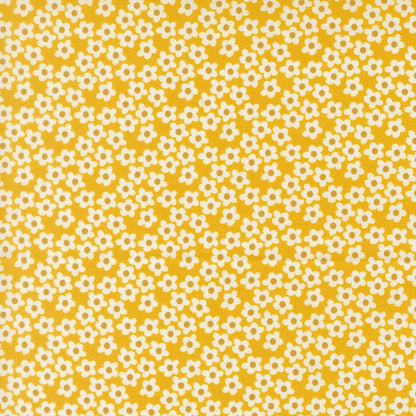 Moda's Popcorn by Elizabeth Hartman cotton quilting fabric with small white flowers and golden brown centers on bright yellow.