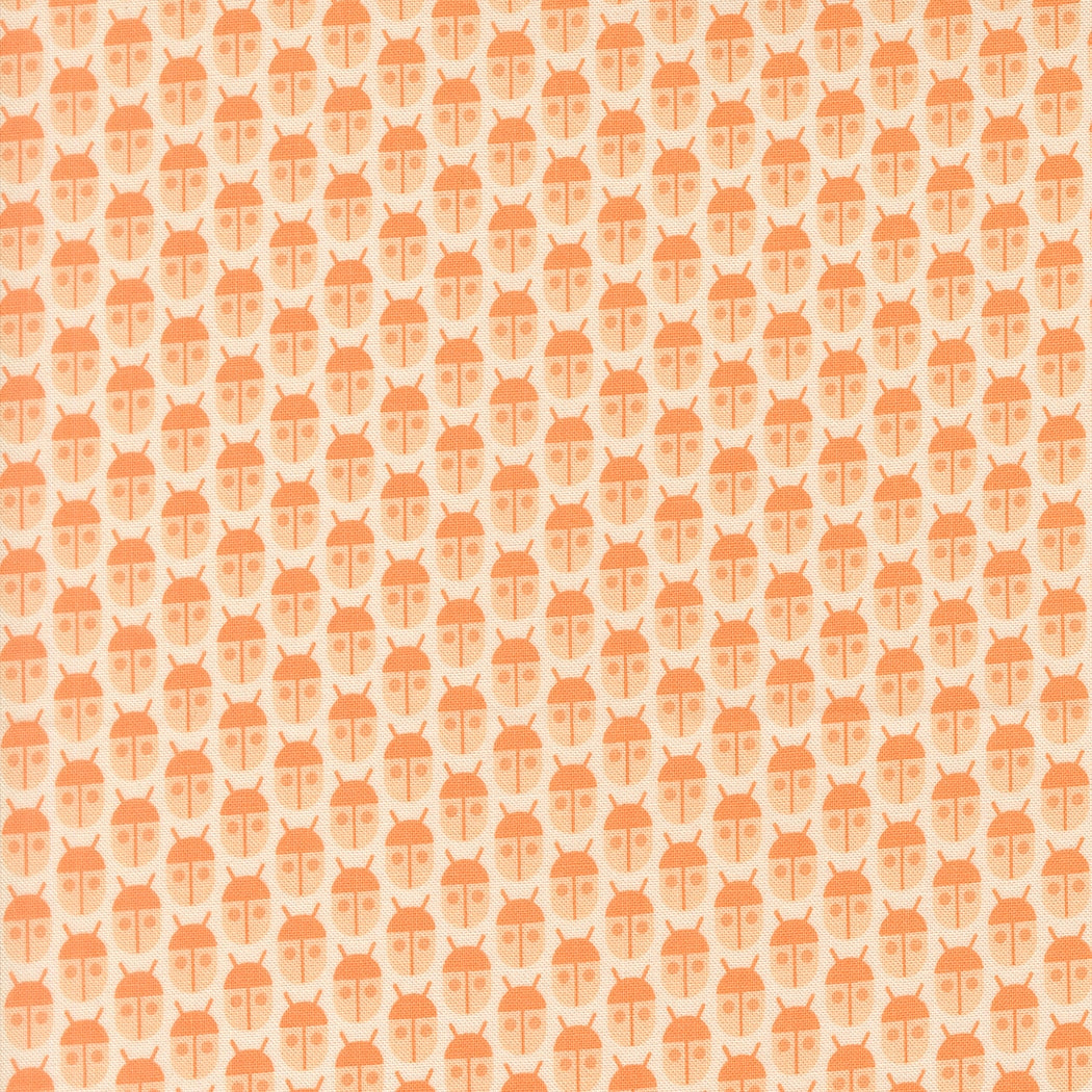 Moda's small orange and peach novelty garden ladybugs and beetles on cream Popcorn by Elizabeth Hartman cotton quilting fabric