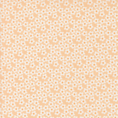Moda's Popcorn by Elizabeth Hartman cotton quilting fabric features small white flowers with tiny light orange centers on a peach background.