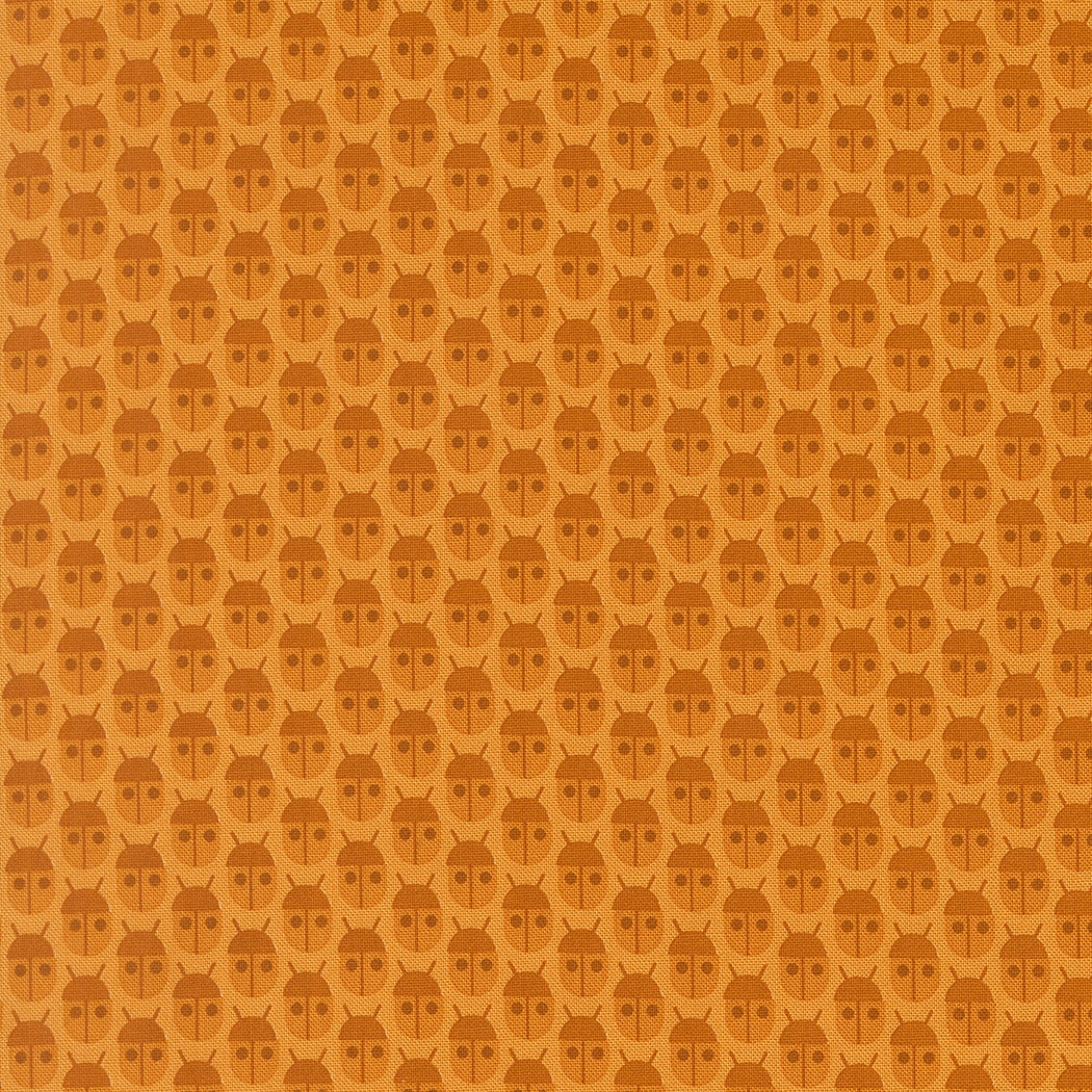 Spice orange beetle novelty cotton quilting fabric from Moda's Popcorn by Elizabeth Hartman, featuring caramel and chocolate brown beetles.