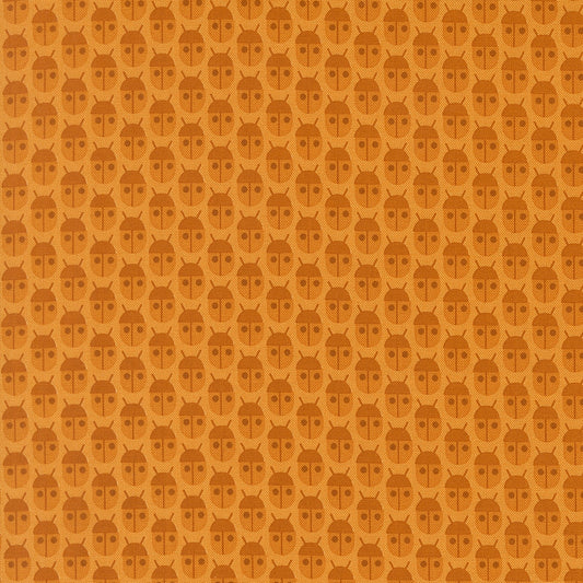 Spice orange beetle novelty cotton quilting fabric from Moda's Popcorn by Elizabeth Hartman, featuring caramel and chocolate brown beetles.
