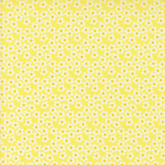 Moda's Popcorn by Elizabeth Hartman cotton quilting fabric: small white flowers on sunshine yellow. Ideal for spring and summer.