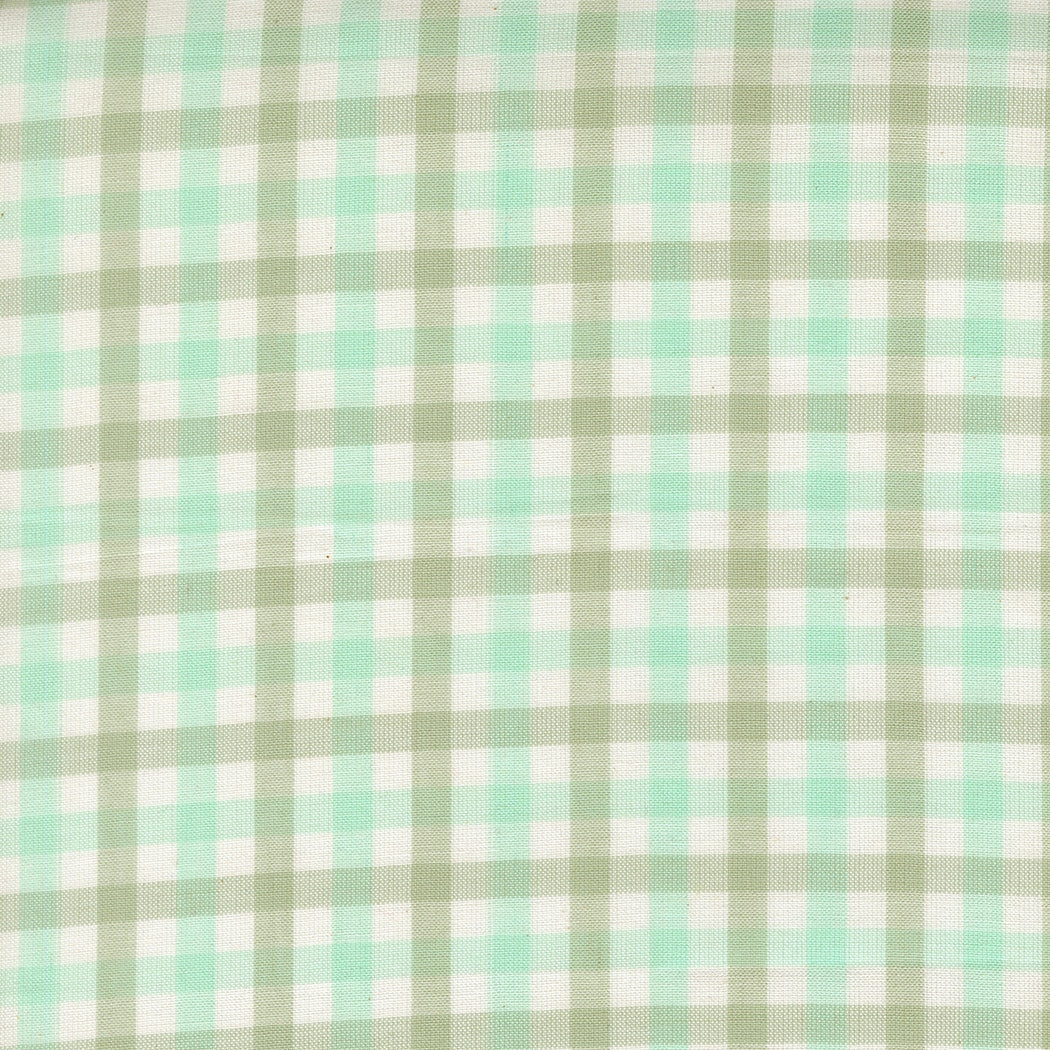 Moda's aqua and sage gingham check cotton quilting fabric from Popcorn Wovens by Elizabeth Hartman, featuring cream squares.