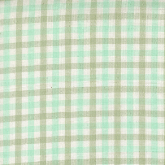 Moda's aqua and sage gingham check cotton quilting fabric from Popcorn Wovens by Elizabeth Hartman, featuring cream squares.