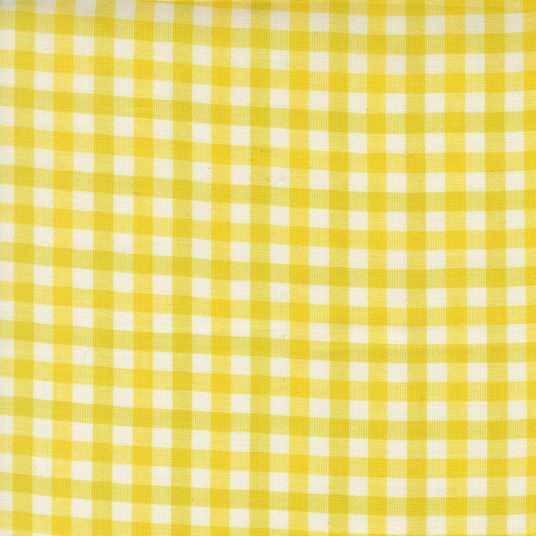 lemon yellow gingham checks Popcorn Wovens by Elizabeth Hartman cotton quilting fabric with small alternating squares of lemon yellow and cream.