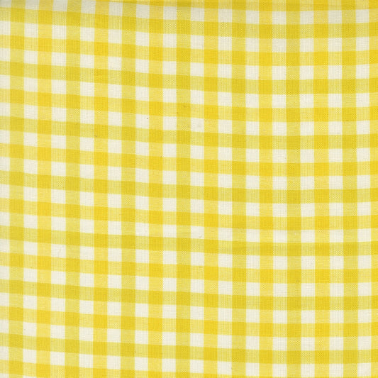 lemon yellow gingham checks Popcorn Wovens by Elizabeth Hartman cotton quilting fabric with small alternating squares of lemon yellow and cream.