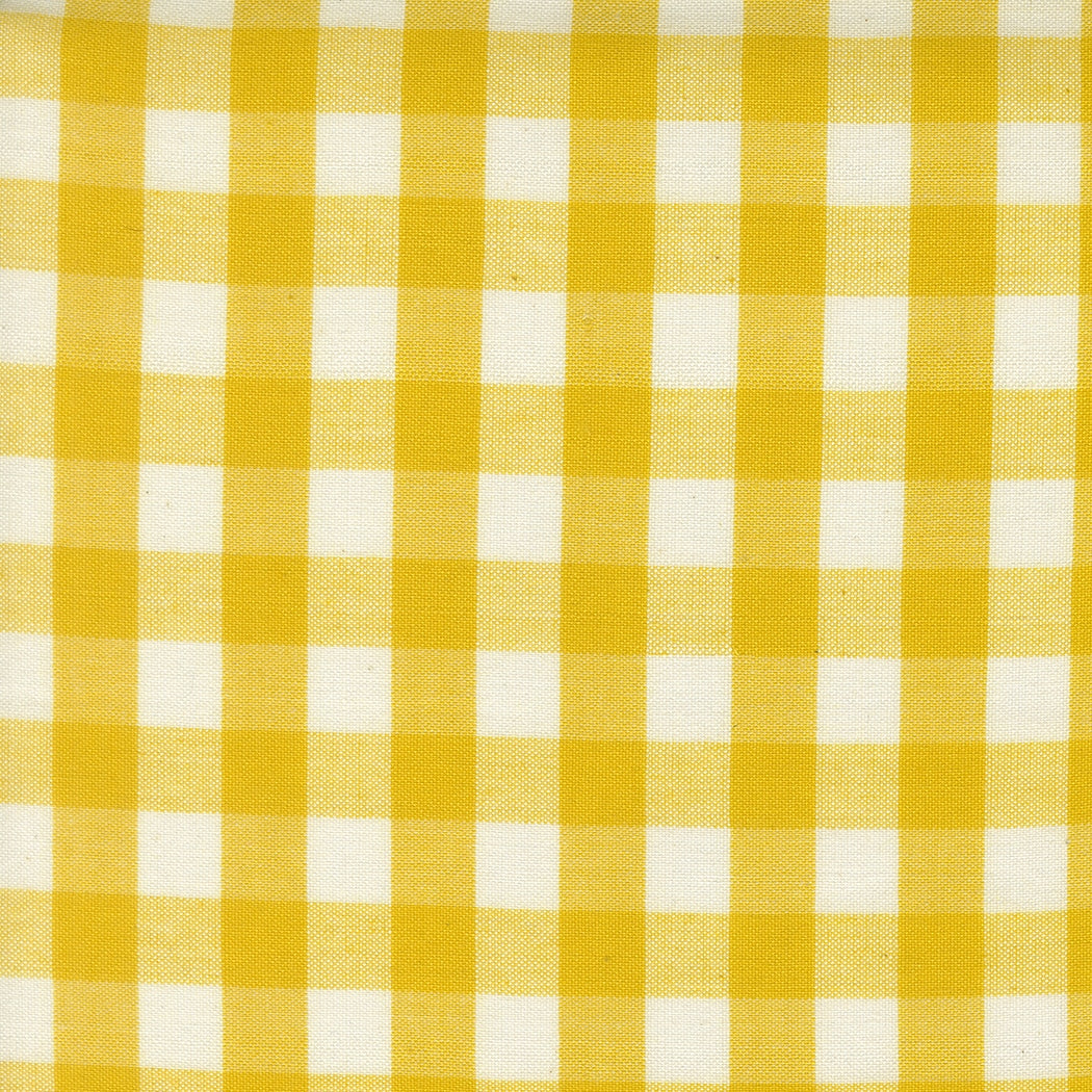 Lemon yellow gingham check cotton quilting fabric from Moda's Popcorn Wovens by Elizabeth Hartman, featuring ivory squares.