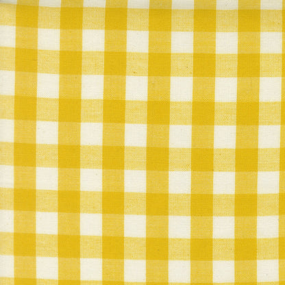 Lemon yellow gingham check cotton quilting fabric from Moda's Popcorn Wovens by Elizabeth Hartman, featuring ivory squares.