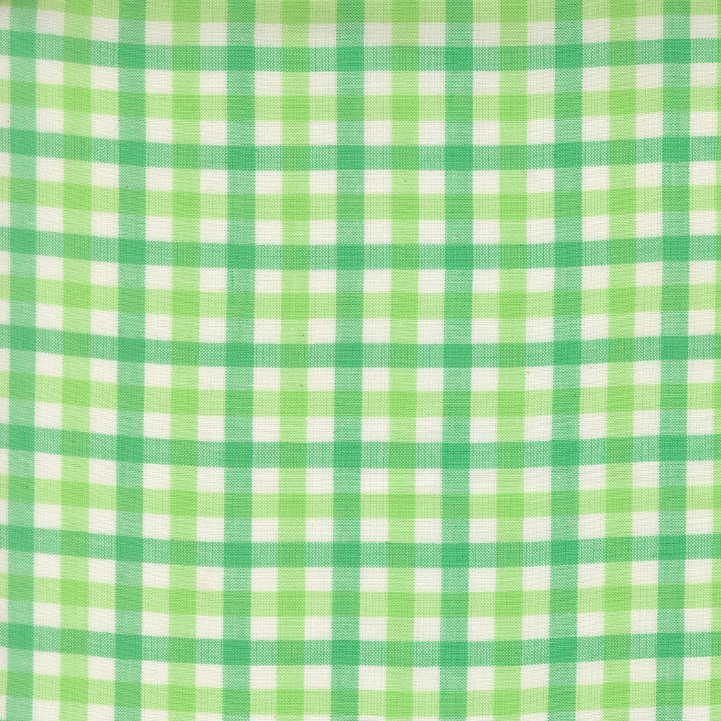 Mint green gingham check Popcorn Wovens by Elizabeth Hartman cotton quilting fabric with off-white, mint, and bright green squares.