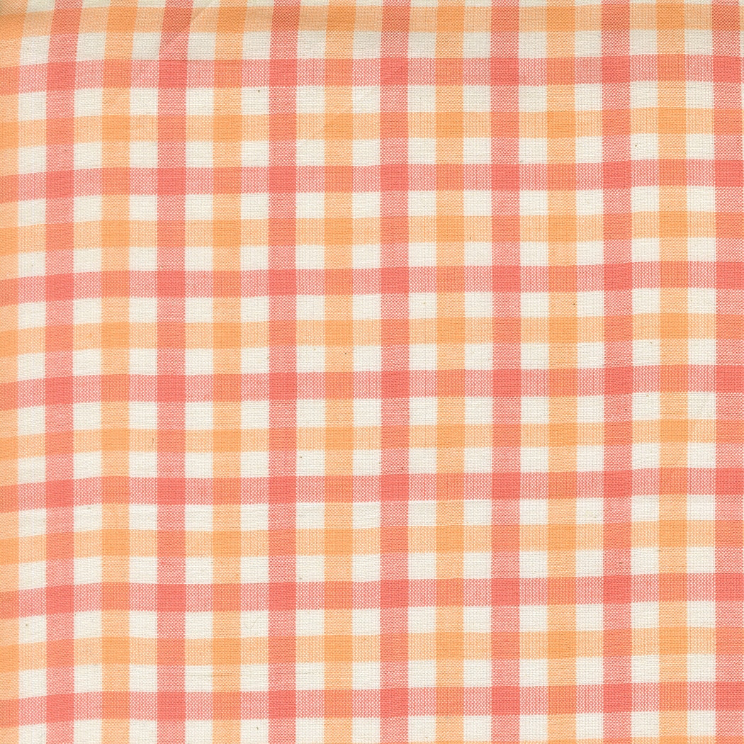 Small-scale sherbet gingham check cotton quilting fabric from Moda's Popcorn Wovens by Elizabeth Hartman, with sherbet pink, orange, and cream.