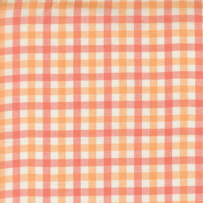 Small-scale sherbet gingham check cotton quilting fabric from Moda's Popcorn Wovens by Elizabeth Hartman, with sherbet pink, orange, and cream.