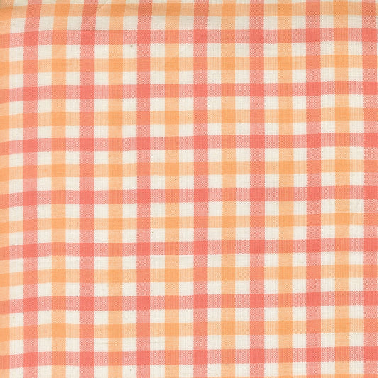 Small-scale sherbet gingham check cotton quilting fabric from Moda's Popcorn Wovens by Elizabeth Hartman, with sherbet pink, orange, and cream.