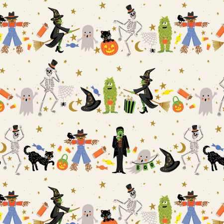 Cotton quilting fabric pattern called 'Halloween Parade in Cream'. Part of the 'Halloween' fabric collection. Designed by Rifle Paper Company for fabric company Cotton + Steel Fabrics. SKU: RP1300-CR1M. 44-45 inch width.