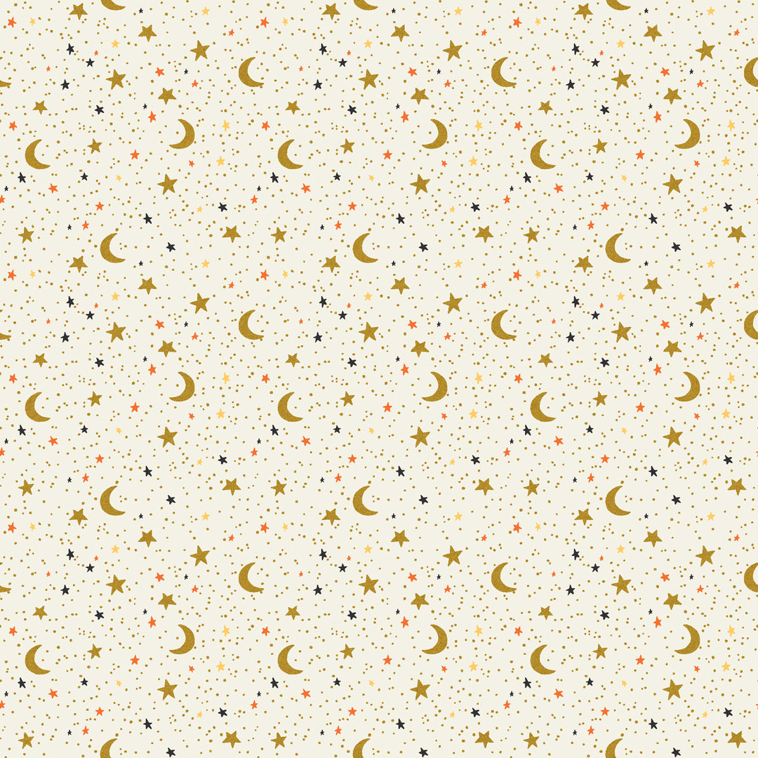 Pattern of moons and stars on a beige background