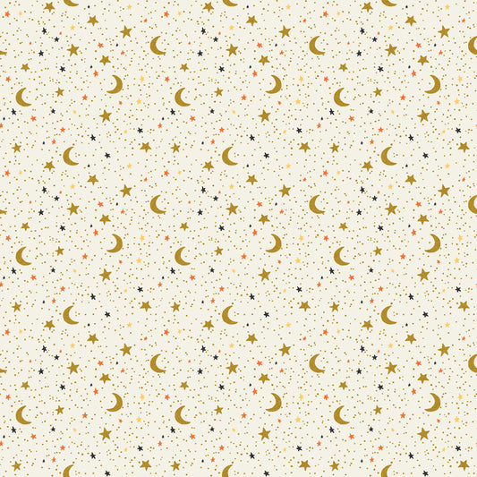 Pattern of moons and stars on a beige background