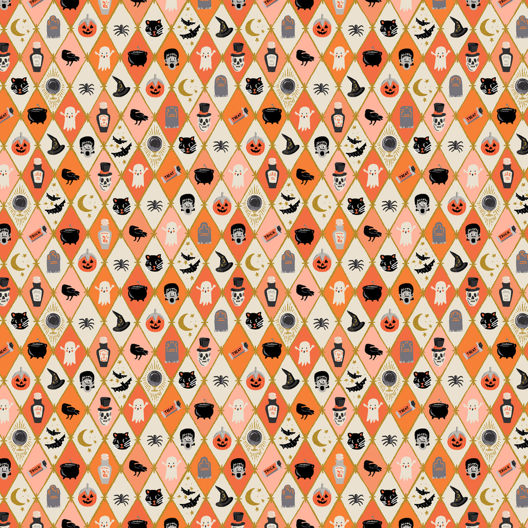 Halloween-themed pattern with pumpkins, ghosts, and cats on a geometric background.