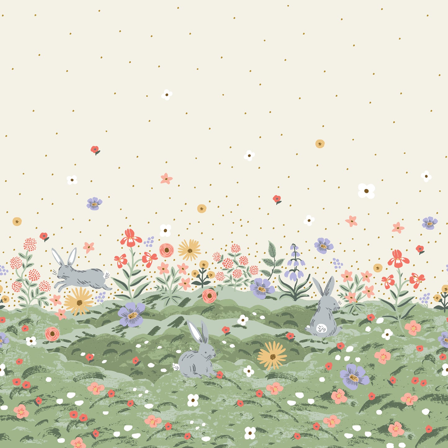Illustration of bunnies and flowers on a patterned background