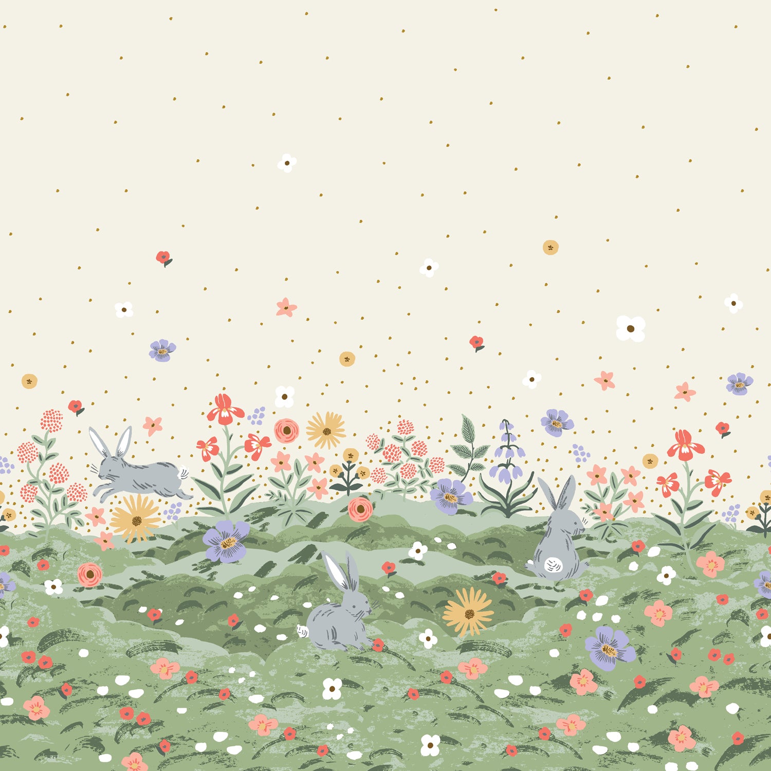 Illustration of bunnies and flowers on a patterned background