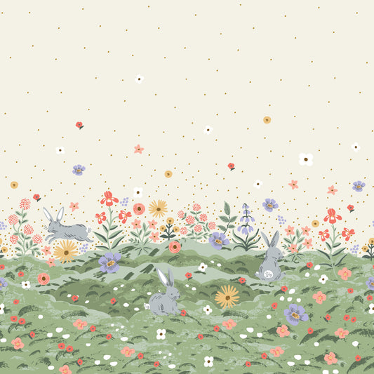 Illustration of bunnies and flowers on a patterned background