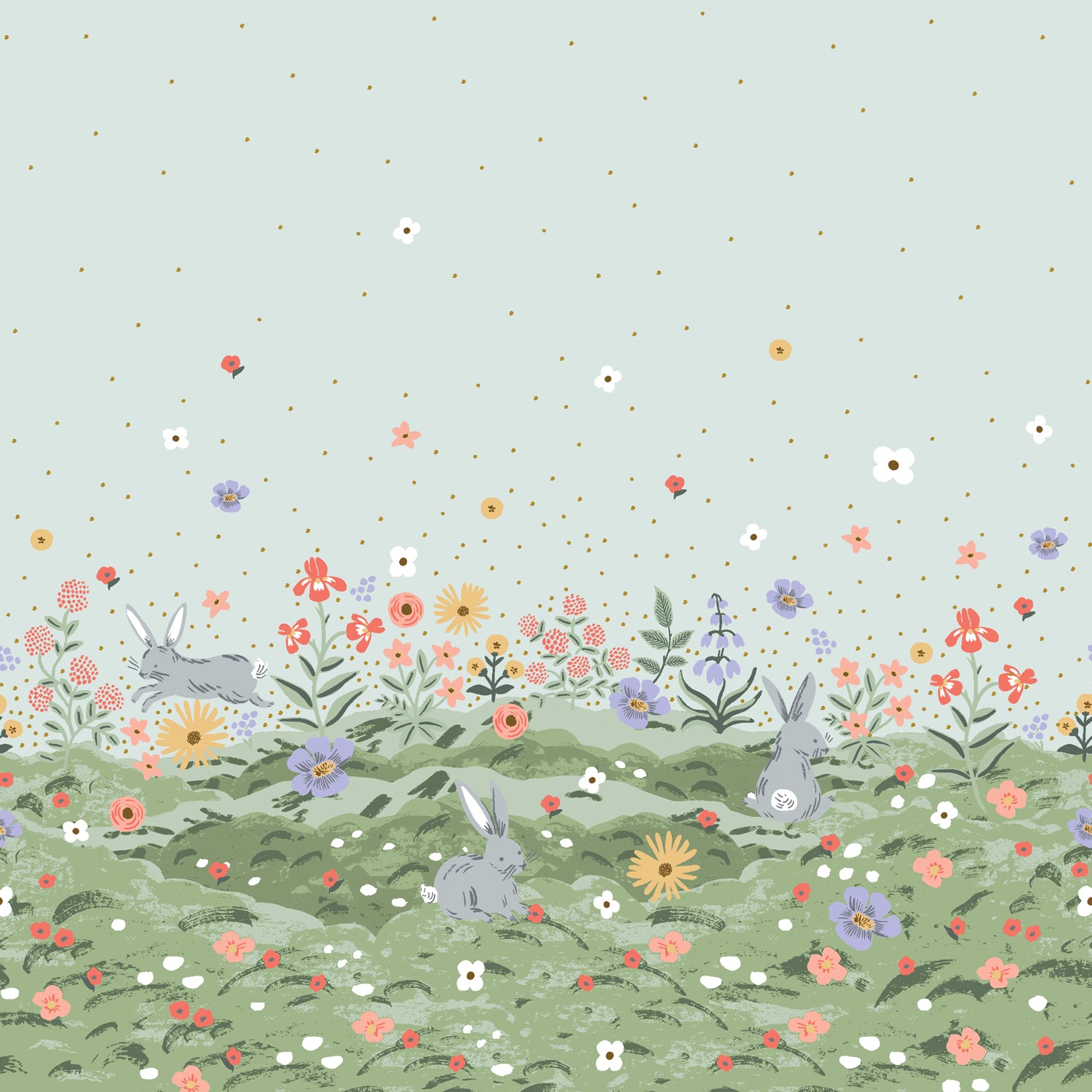 Illustration of bunnies and flowers on a light blue background