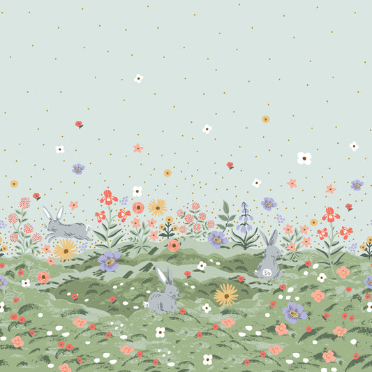 Illustration of bunnies and flowers on a light blue background