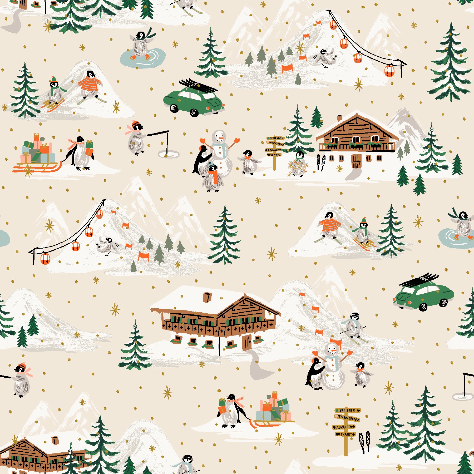 Winter scene with people, trees, and cabins on a beige background