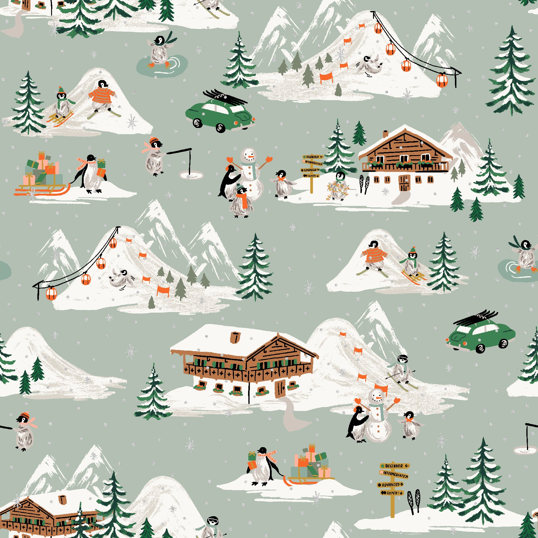 Winter scene with people skiing, snowboarding, and building a snowman, featuring mountains and cabins on a light gray background.
