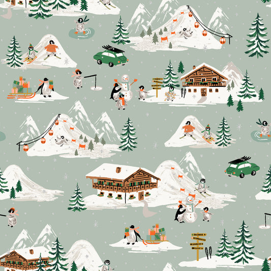 Winter scene with people skiing, snowboarding, and building a snowman, featuring mountains and cabins on a light gray background.
