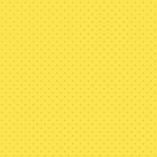 Chrome yellow cotton quilting fabric with small amber orange geometric plus signs from Moda's Sidekicks by Ruby Star Society's Ruby Star Society.