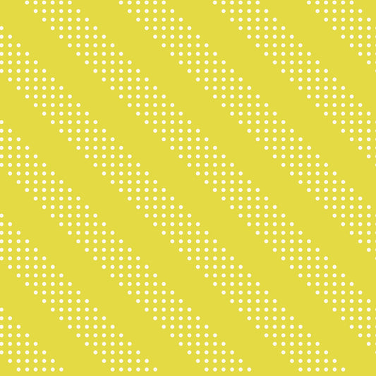 Moda's citron yellow cotton quilting fabric with diagonal stripes formed by rows of small white dots. Sidekicks by Ruby Star Society's Ruby Star Society.