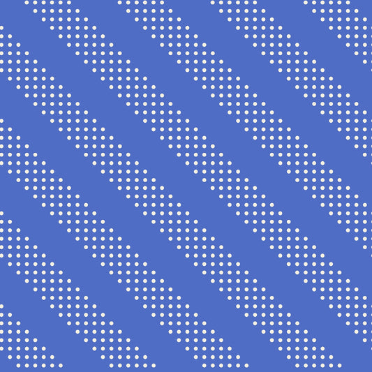 Royal blue dotted diagonal stripes cotton quilting fabric. Moda's Sidekicks by Ruby Star Society's Ruby Star Society, with small white polka dots.