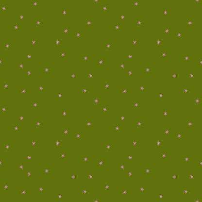 Moda's sprout green cotton quilting fabric with scattered pink stars. Sidekicks by Ruby Star Society's Ruby Star Society