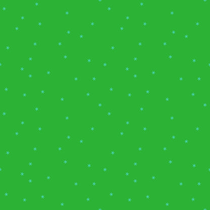 Moda's verdant green cotton quilting fabric with small, scattered aqua stars. Sidekicks by Ruby Star Society's Ruby Star Society.