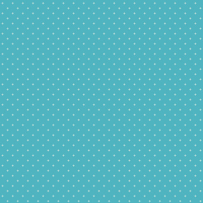 Moda's bright aqua cotton quilting fabric with white geometric plus signs. Sidekicks by Ruby Star Society's Ruby Star Society.