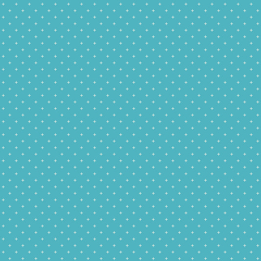 Moda's bright aqua cotton quilting fabric with white geometric plus signs. Sidekicks by Ruby Star Society's Ruby Star Society.