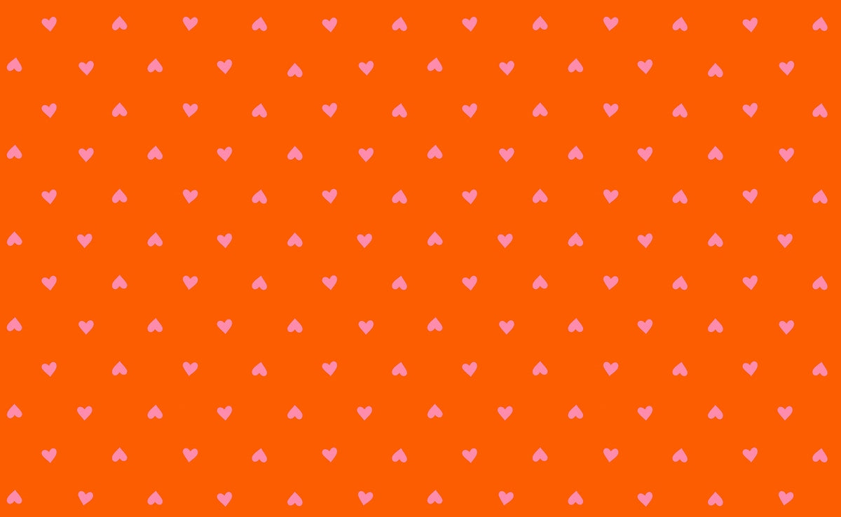 Sparkle Shopper cotton quilting fabric by Ruby Star Society's Melody Miller. Bright orange background with light pink Valentine's Day hearts.