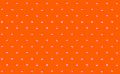 Sparkle Shopper cotton quilting fabric by Ruby Star Society's Melody Miller. Bright orange background with light pink Valentine's Day hearts.