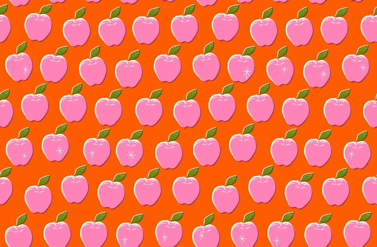 Moda's bright pink apples with lime green leaves on vibrant Florida orange Sparkle Shopper by Ruby Star Society's Melody Miller cotton quilting fabric.