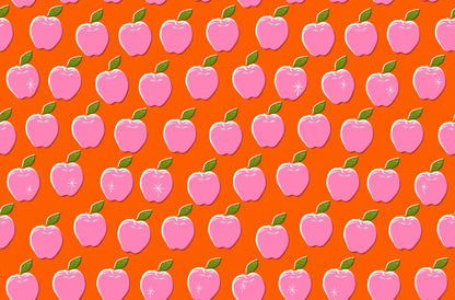 Moda's bright pink apples with lime green leaves on vibrant Florida orange Sparkle Shopper by Ruby Star Society's Melody Miller cotton quilting fabric.