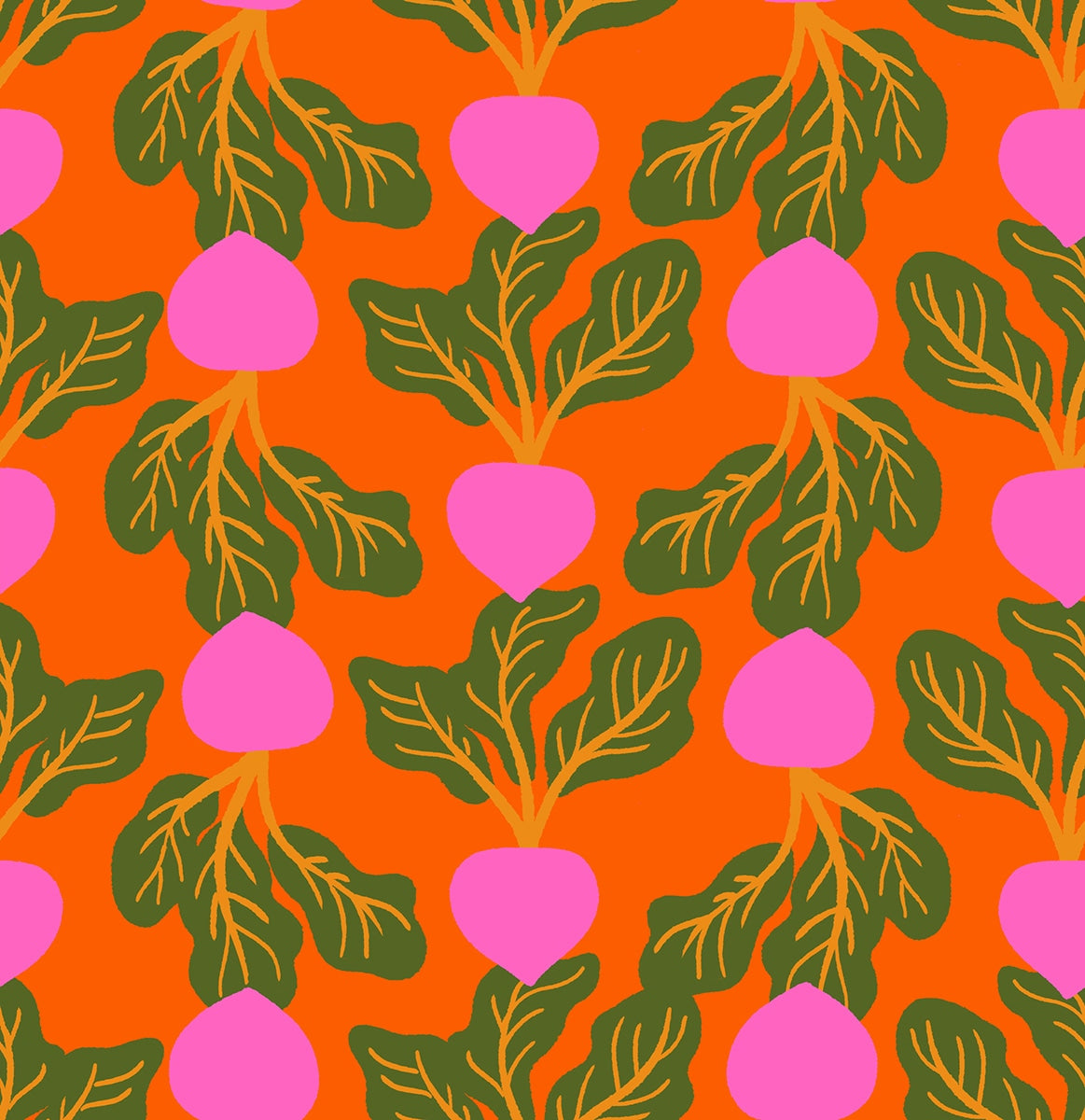 Moda's Sparkle Shopper by Ruby Star Society's Melody Miller cotton quilting fabric: bright pink radishes with olive green leaves and golden yellow stems on vivid orange. Garden theme.