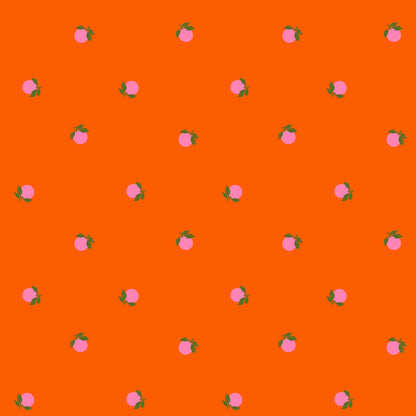 Pink peaches with dark green leaves on Florida orange Sparkle Shopper by Ruby Star Society's Melody Miller tropical cotton quilting fabric.