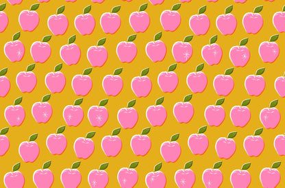Moda's pink apples on goldenrod Sparkle Shopper by Ruby Star Society's Melody Miller cotton quilting fabric, with green leaves and white starburst accents.
