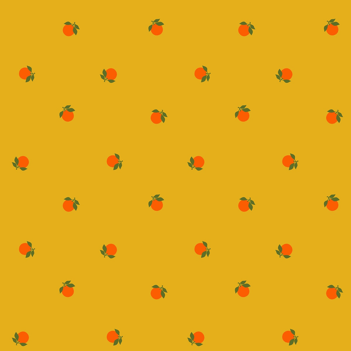 Small oranges on goldenrod cotton quilting fabric, Sparkle Shopper by Ruby Star Society's Melody Miller. Kitchen-themed with olive green leaves.