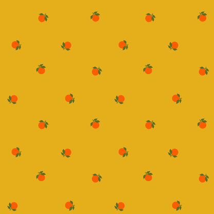 Small oranges on goldenrod cotton quilting fabric, Sparkle Shopper by Ruby Star Society's Melody Miller. Kitchen-themed with olive green leaves.