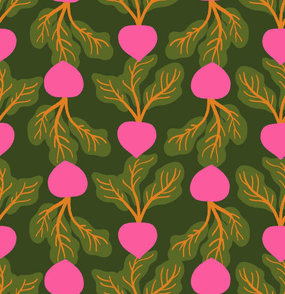 Moda's Sparkle Shopper by Ruby Star Society's Melody Miller cotton quilting fabric with pink radishes, green leaves, and orange stems on jen green with a garden theme.