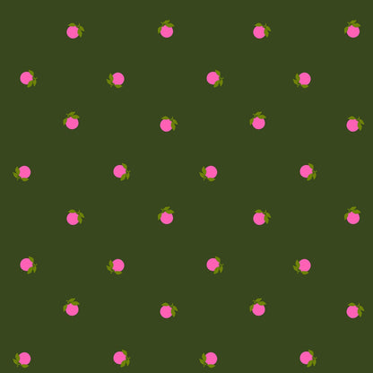 Moda's jen green cotton quilting fabric with bright pink apples and olive green leaves from Sparkle Shopper by Ruby Star Society's Melody Miller.