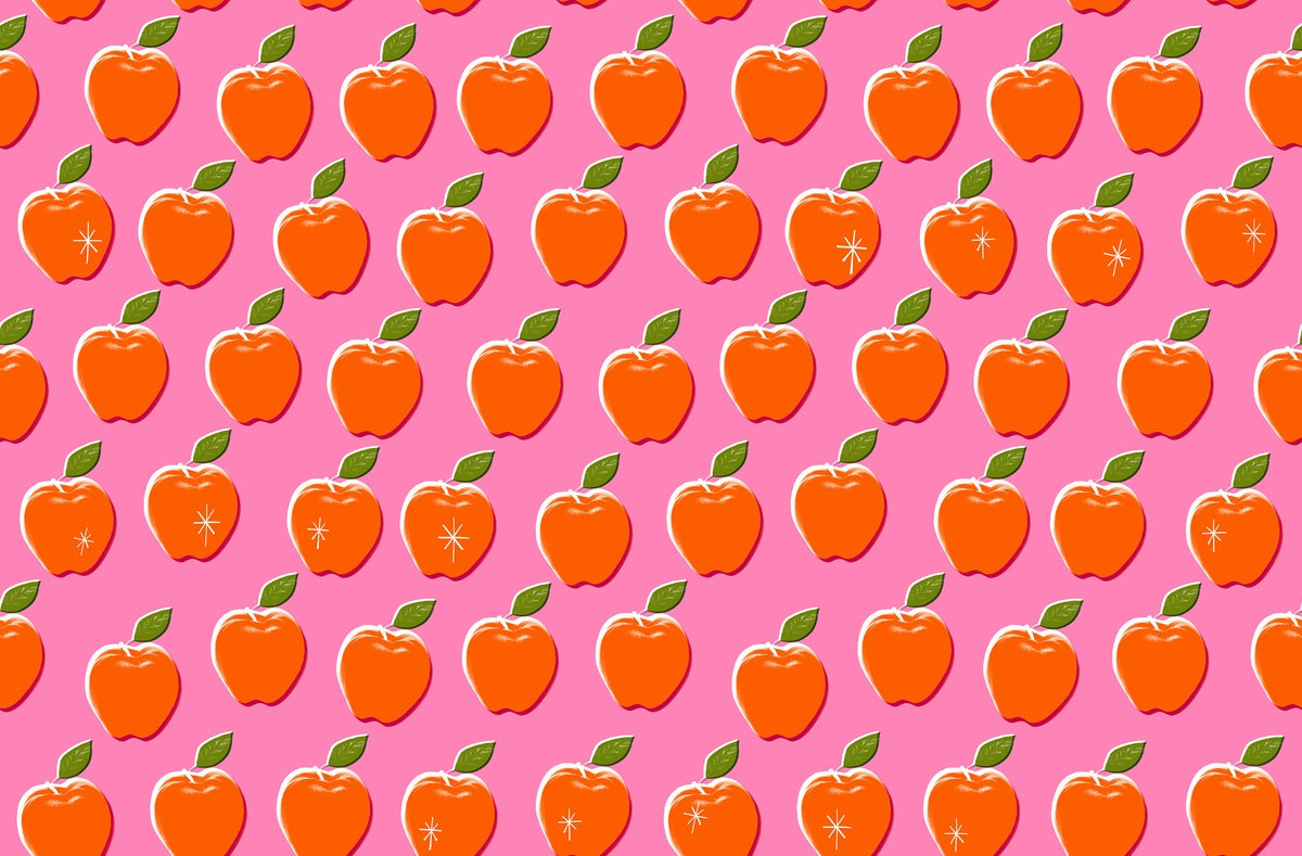 Moda's Sparkle Shopper by Ruby Star Society's Melody Miller cotton quilting fabric features bright orange apples with green leaves and white highlights on a vibrant pink background.