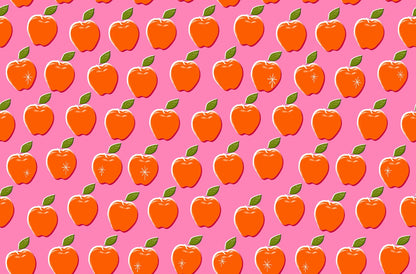 Moda's Sparkle Shopper by Ruby Star Society's Melody Miller cotton quilting fabric features bright orange apples with green leaves and white highlights on a vibrant pink background.